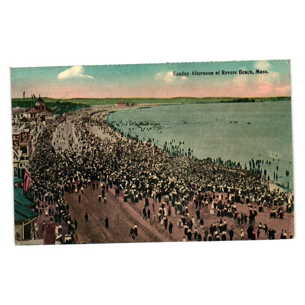 Vintage Tichnor Bros Postcard Sunday Afternoon At Revere Beach Mass People Coast